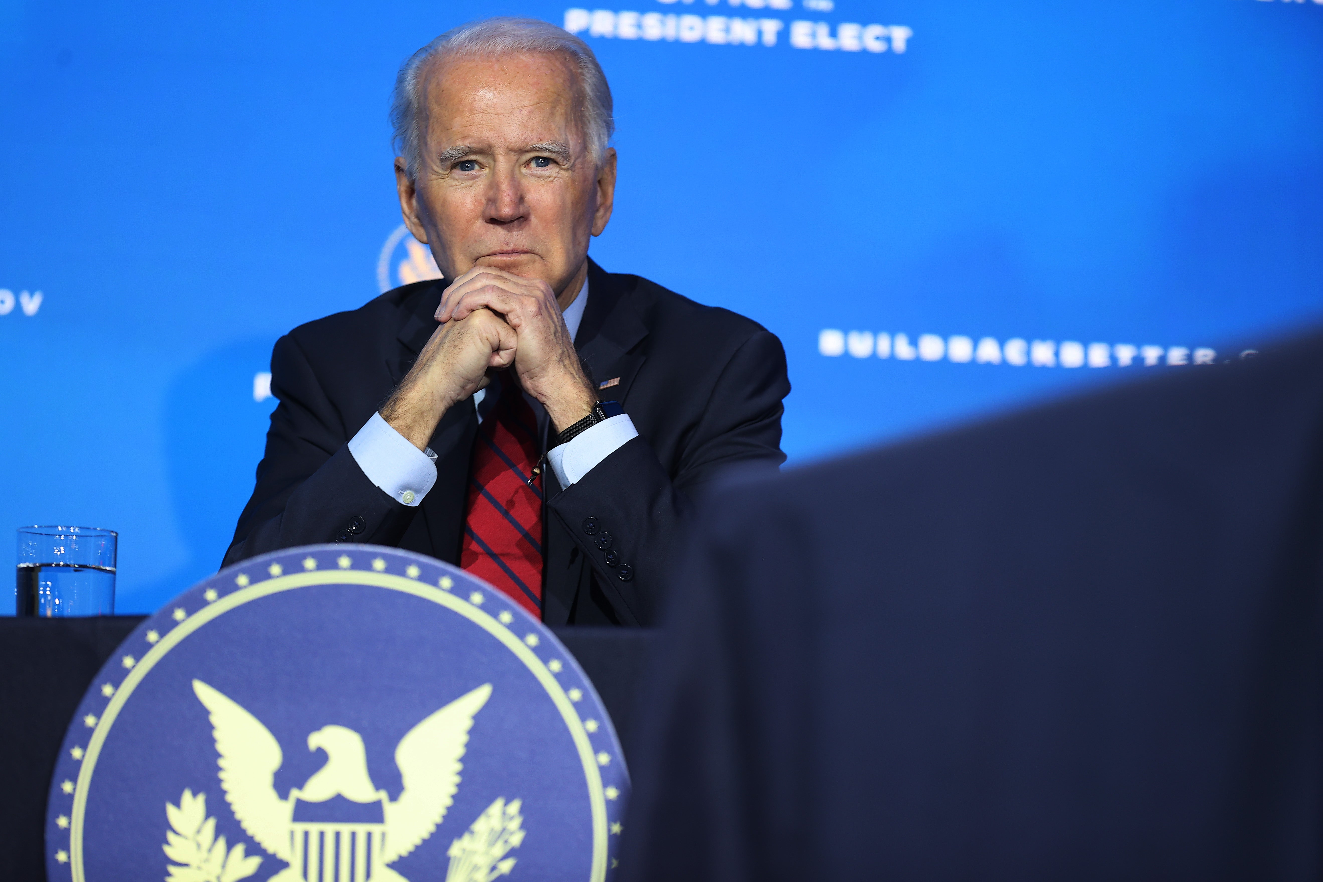 President-elect Joe Biden attends announcement of members of his health team, including his pick for secretary of Health and Human Services Xavier Becerra, at the Queen Theatre on 8 December 2020 in Wilmington, Delaware