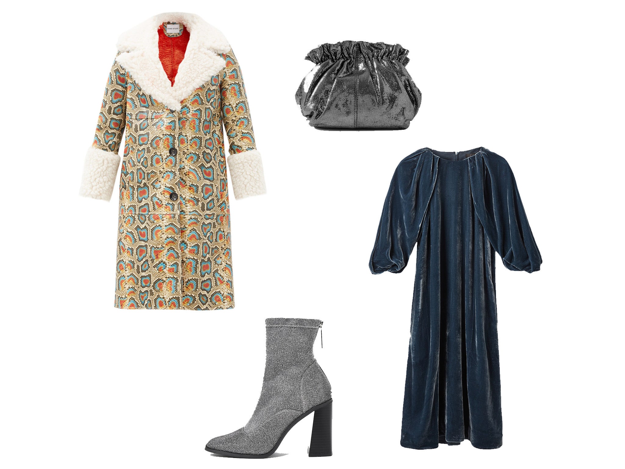 Linda faux shearling-trimmed faux-leather coat, £500, Matches Fashion; Silver sock block heel ankle boots, £48, River Island; Silk Velvet Puff Sleeve Dress, £99, Cos; Loeffler Randall, Willa metallic suede clutch, £215, Net-a-Porter