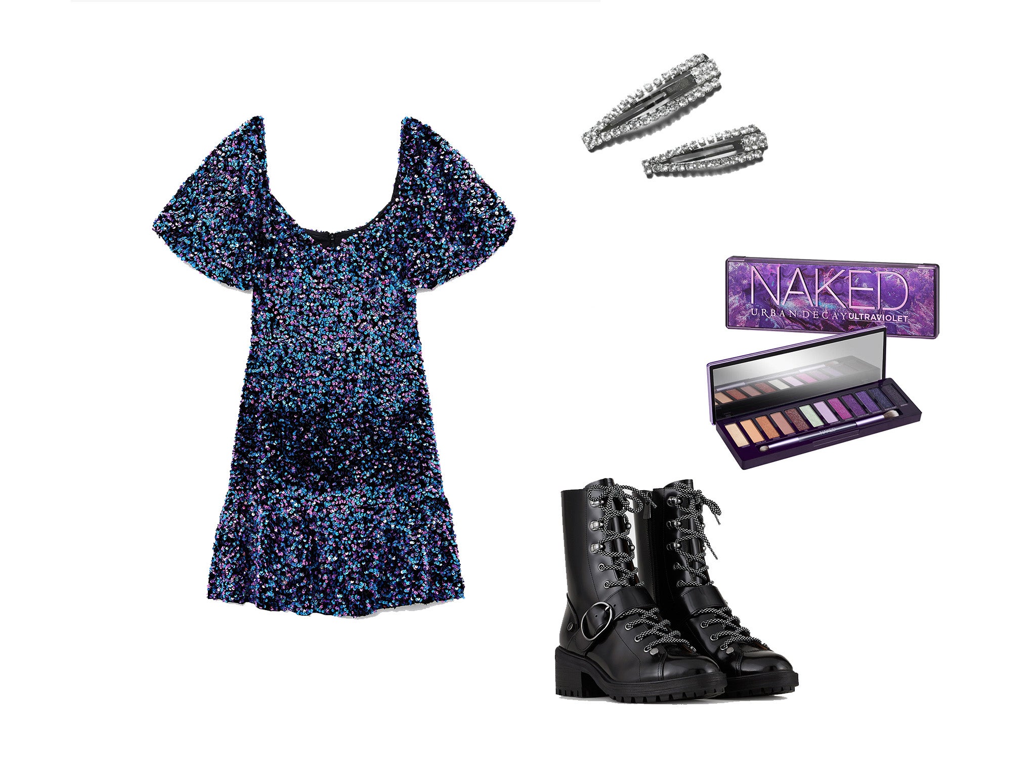 Sequin Mini Dress, £49.99, Zara; Brushed Leather Combat Boots, £270, Emporio Armani; Leyla Rhinestone Hair Clip Set, £12, Weekday; Urban Decay, Naked Ultra Violet Palette, £43, Cult Beauty