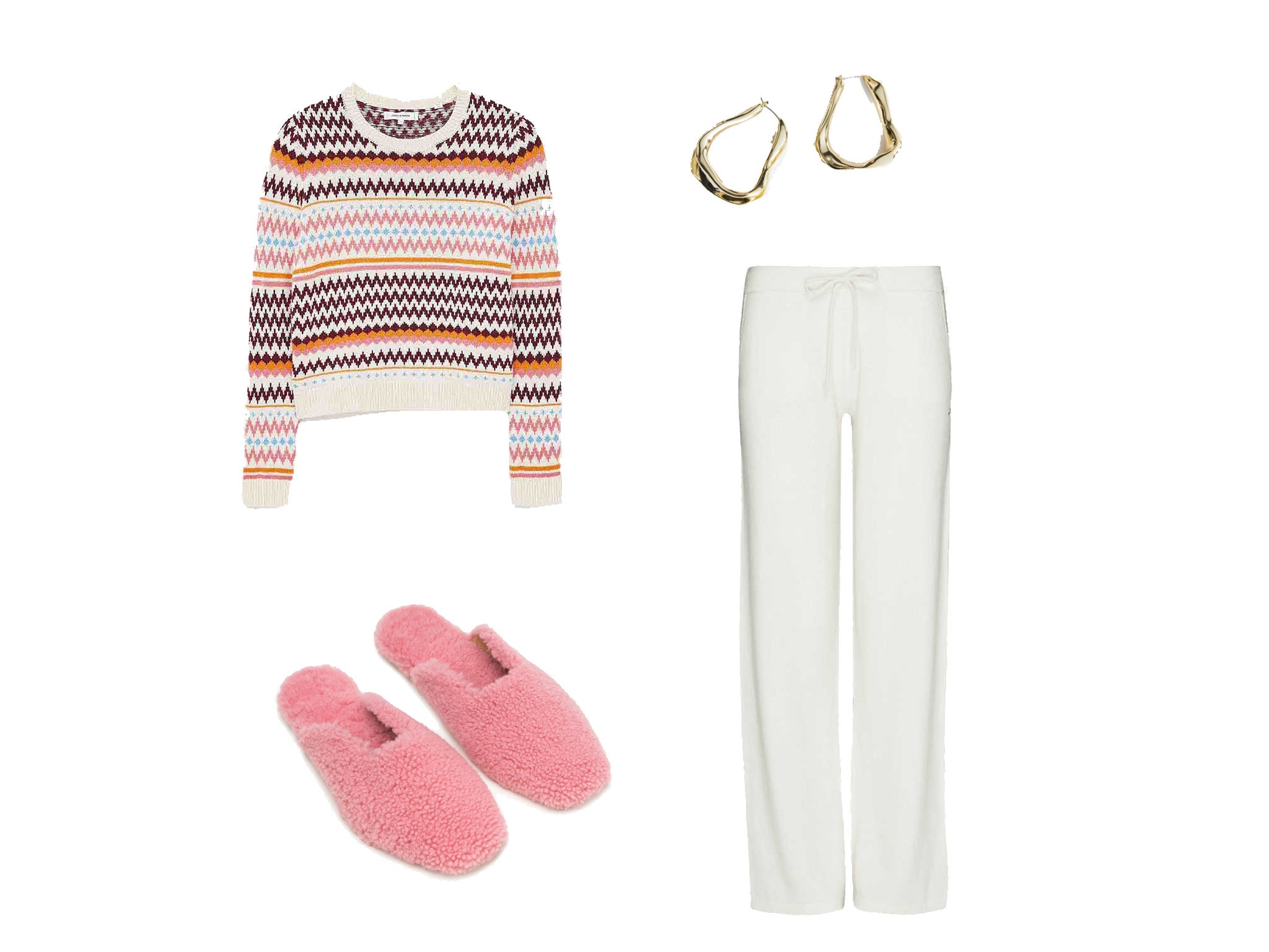 Cream Pop Fair Isle Wool-Cashmere Sweater, £295, Chinti &amp; Parker; Cream Cashmere Wide-Leg Pants, £250, Chinti &amp; Parker; Pink Shearling Slippers, £200, Sleeper; Organic Oval Hoop Earrings, £23, &amp; Other Stories