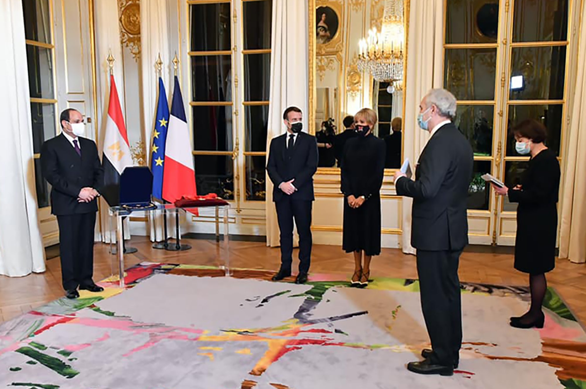 President Abdel Fattah al-Sisi (left) at the Elysee Palace on 7 December, with his French counterpart Emmanuel Macron (second left)