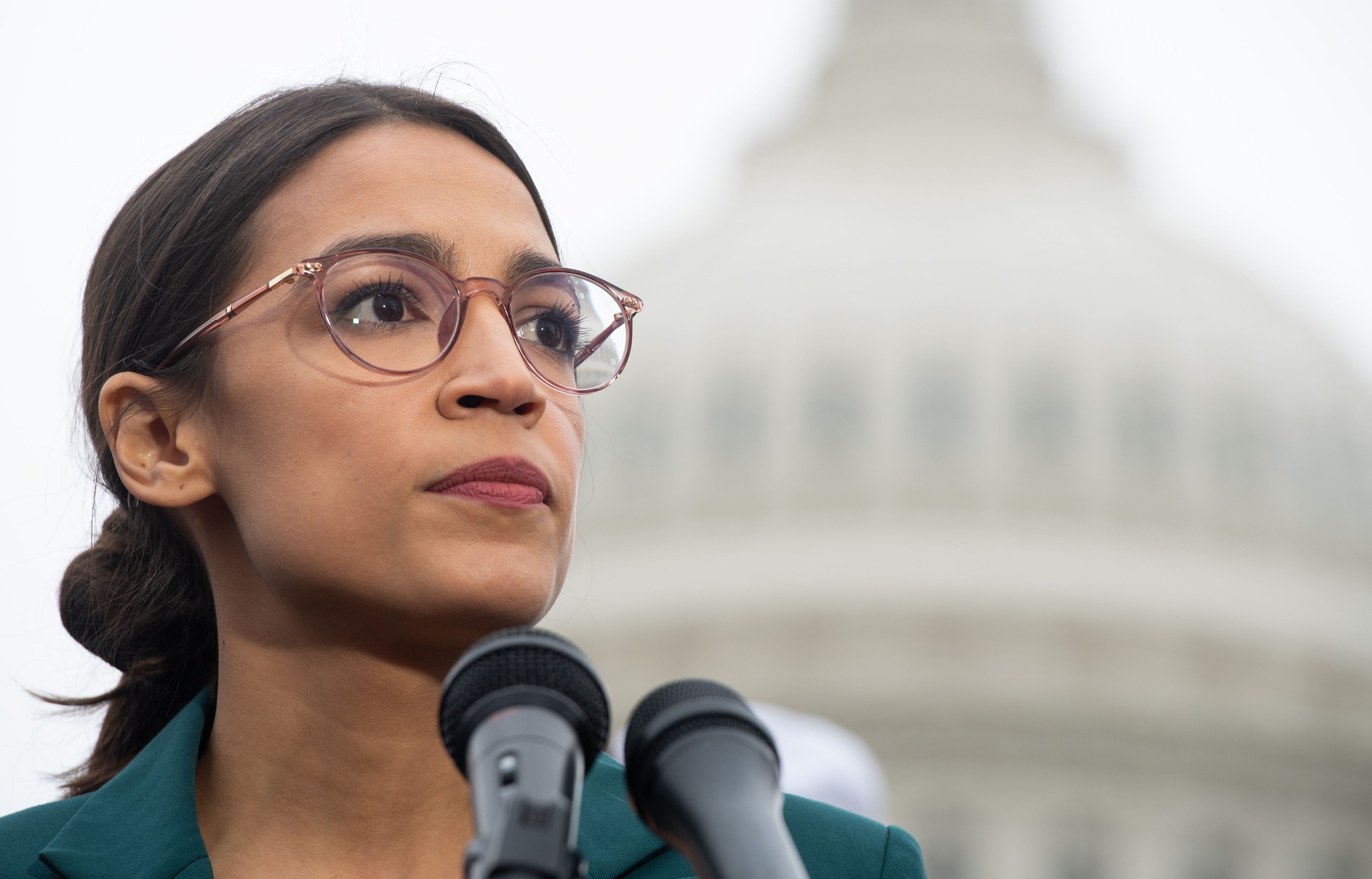 In this file photo taken on 7 February 2019, US representative Alexandria Ocasio-Cortez, Democrat of New York, speaks during a press conference to announce Green New Deal legislation to promote clean energy programs outside the US Capitol in Washington, DC