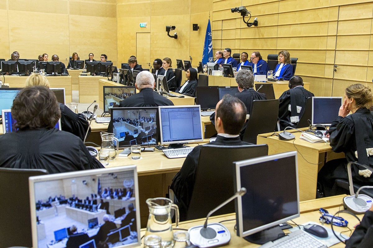 Judges and lawyers hear a case at the International Criminal Court in The Hague