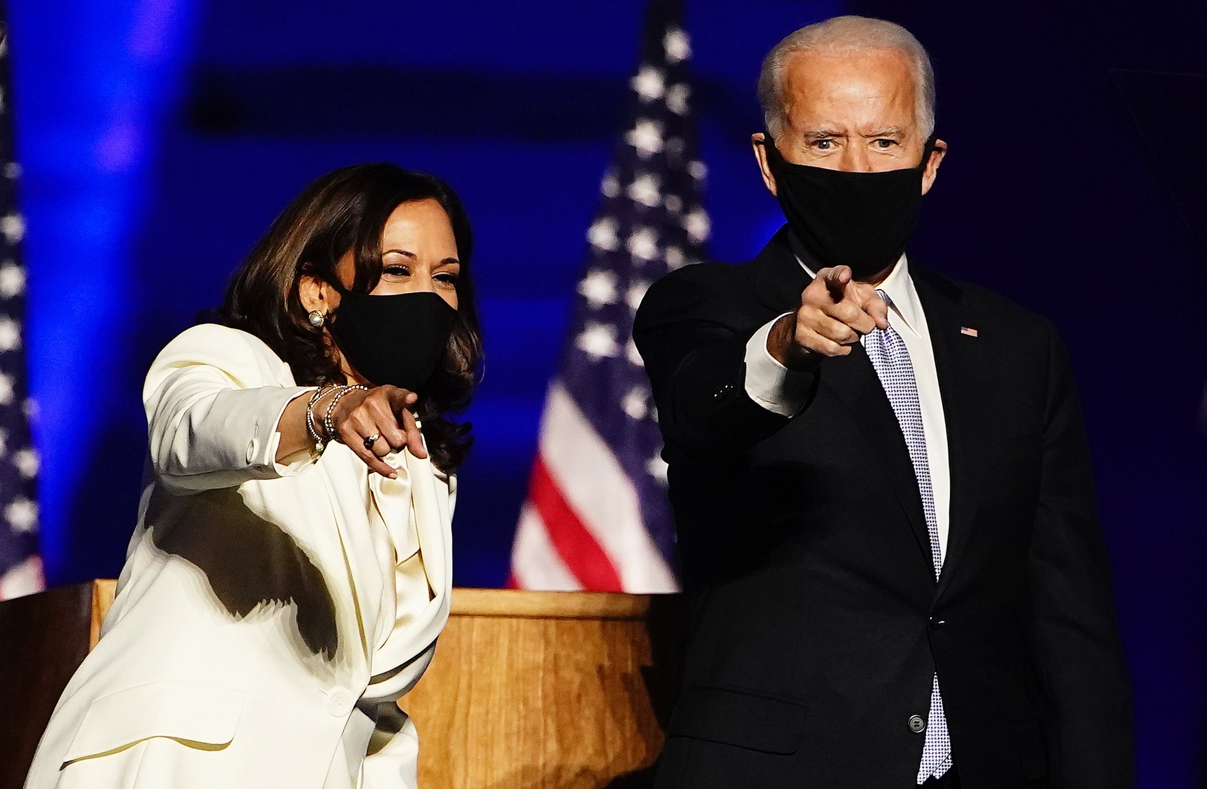 File image: Vice President-Elect Kamala Harris (L) and President-elect Joe Biden (R) gesture as they arrive for their victory address after being declared the winners in the 2020 US presidential election, in Wilmington, Delaware, USA, 07 November 2020&nbsp;