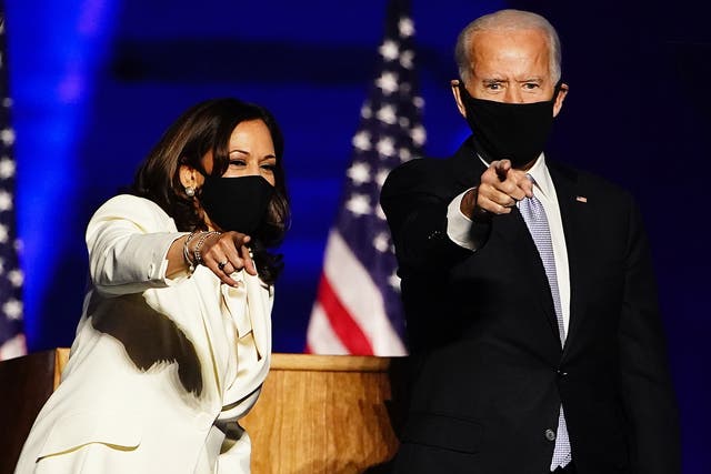 <p>File image: Vice President-Elect Kamala Harris (L) and President-elect Joe Biden (R) gesture as they arrive for their victory address after being declared the winners in the 2020 US presidential election, in Wilmington, Delaware, USA, 07 November 2020&nbsp;</p>