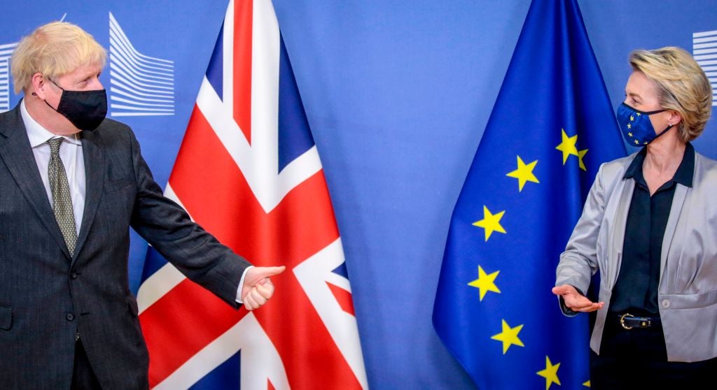 <p>Boris Johnson, left, is welcomed by European Commission president Ursula von der Leyen at the EU headquarters in Brussels</p>