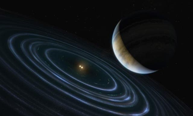 The 11-Jupiter-mass exoplanet called HD 106906 b, shown in this artist's illustration, occupies an unlikely orbit around a double star 336 light-years away
