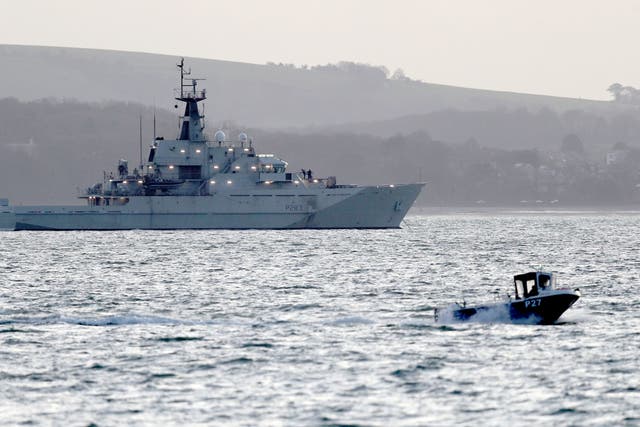 <p>HMS Mersey at anchor in the Solent off the Isle of Wight on Sunday</p>