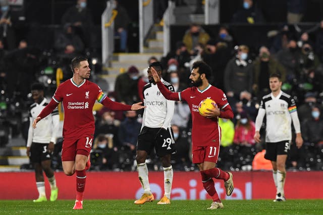 Mohamed Salah of Liverpool  celebrates with Jordan Henderson