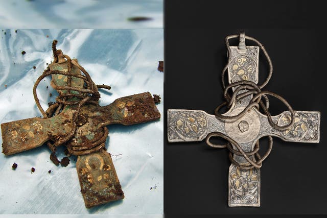<p>The Anglo-Saxon silver cross before and after an intricate conservation process removed 1,000 years of dirt</p>