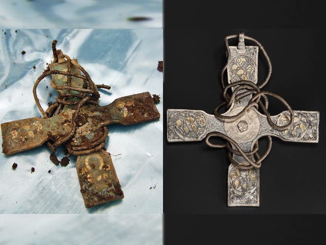 <p>The Anglo-Saxon silver cross before and after an intricate conservation process removed 1,000 years of dirt</p>