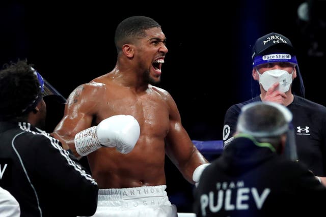 <p>Anthony Joshua returned to action in front of 1,000 fans at Wembley Arena on Saturday</p>