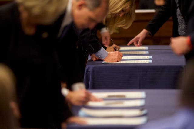 Electors ratify their cast election ballots in the House of Representatives chamber within the Pennsylvania Capitol Building on 19 December 2016 in Harrisburg, Pennsylvania