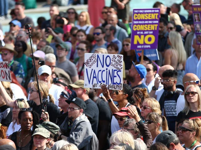 <p>Protesters attend an anti-vax rally at Trafalgar Square in September</p>