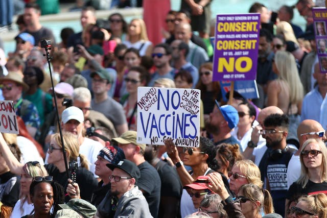 <p>Protesters attend an anti-vax rally at Trafalgar Square in September</p>