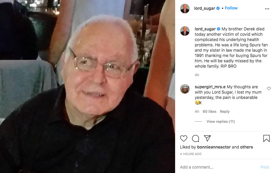 Lord Sugar pays tribute to his brother, Derek, on Instagram