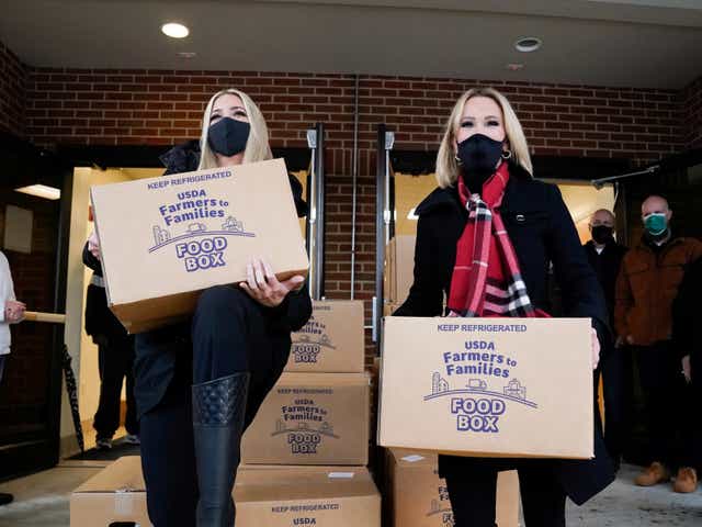 <p>Ivanka Trump and Paula White take part in a Farmers to Families food box distribution at Christ Chapel in Woodbridge, Virginia</p>