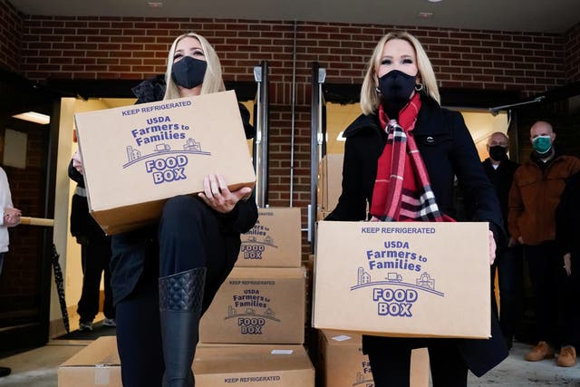 <p>Ivanka Trump and Paula White take part in a Farmers to Families food box distribution at Christ Chapel in Woodbridge, Virginia</p>