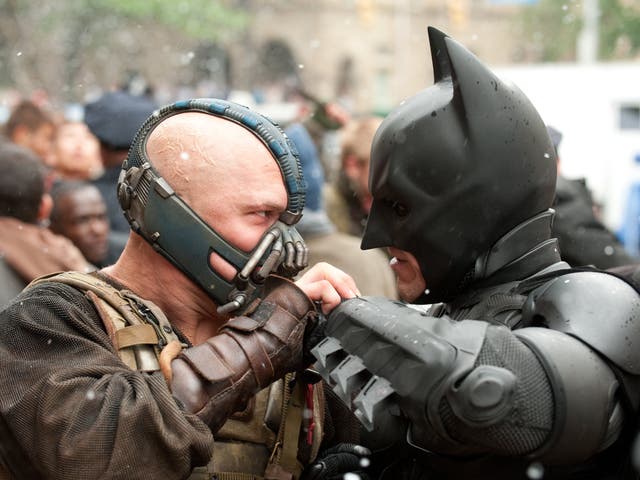 <p>Bane (Tom Hardy) grapples with Batman in Christopher Nolan’s The Dark Knight Rises</p>