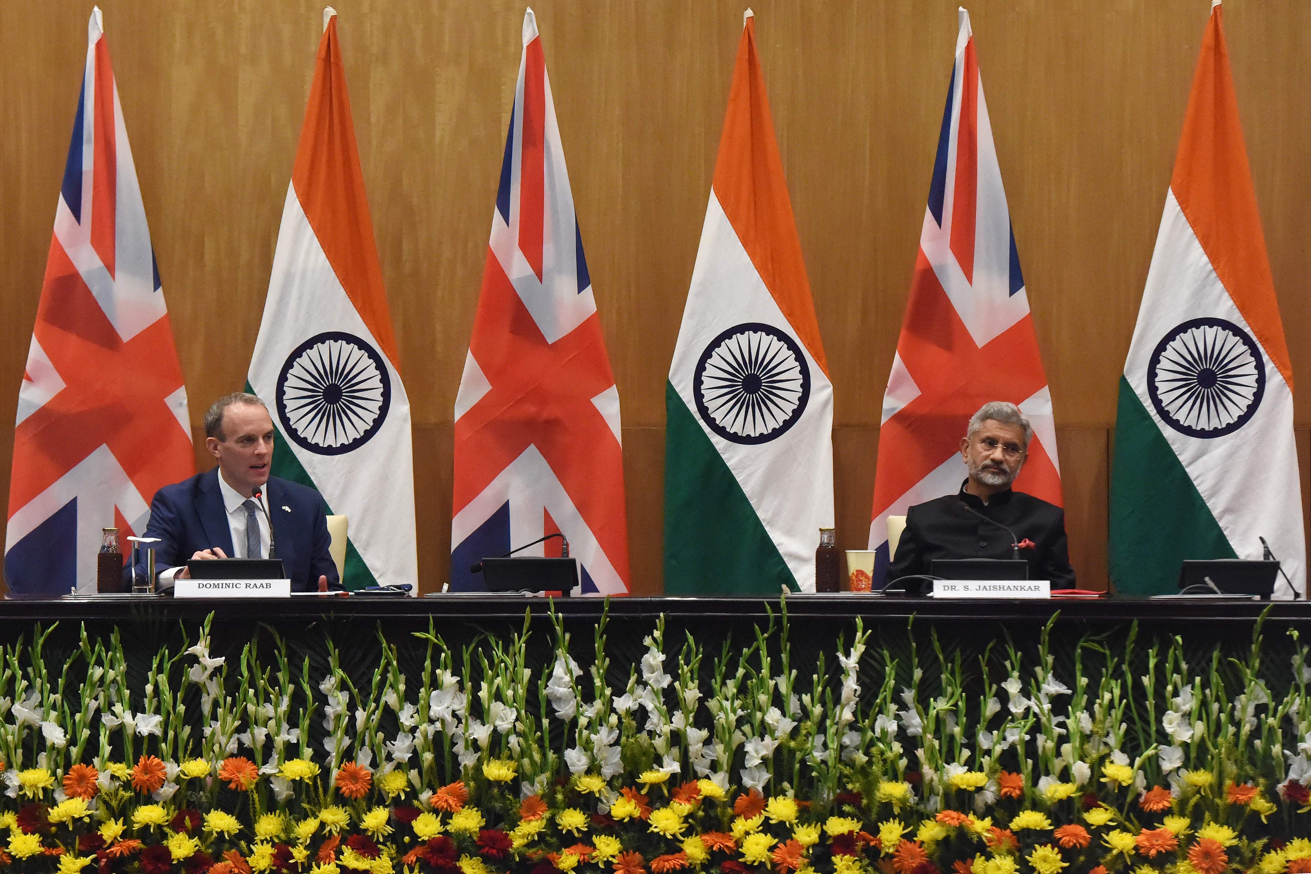 Britain’s Foreign Secretary Dominic Raab and India’s Foreign Minister Subrahmanyam Jaishankar attend a press interaction following their ‘India-UK Ministerial Dialogue’ meeting in New Delhi on December 15, 2020