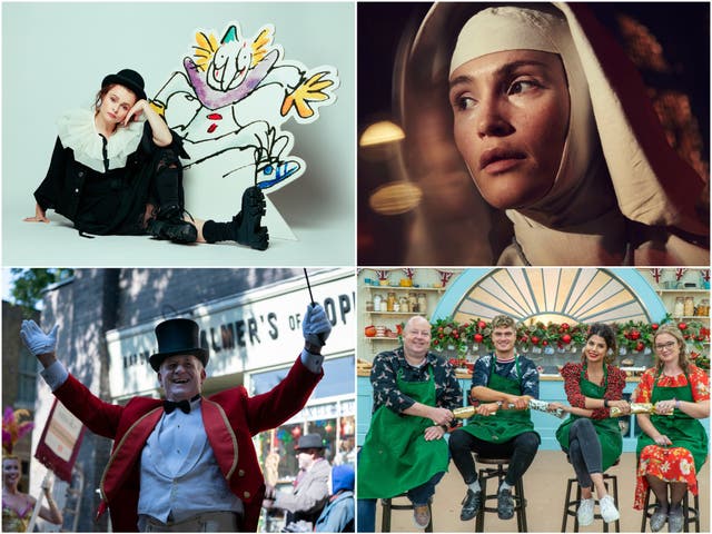 Clockwise from top left: Quentin Blake’s Clown, Black Narcissus, The Great British Bake Off, Call The Midwife