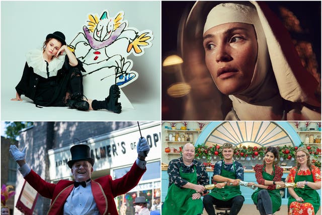 Clockwise from top left: Quentin Blake’s Clown, Black Narcissus, The Great British Bake Off, Call The Midwife