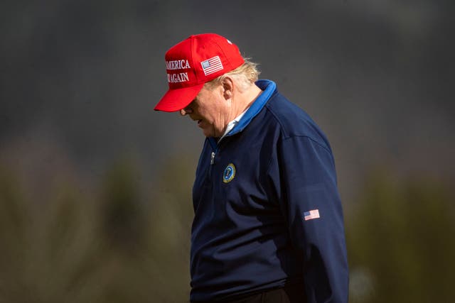 <p>Donald Trump, pictured playing golf on Sunday, retweeted a message accusing Joe Biden of ‘pretending’ to win the election</p>