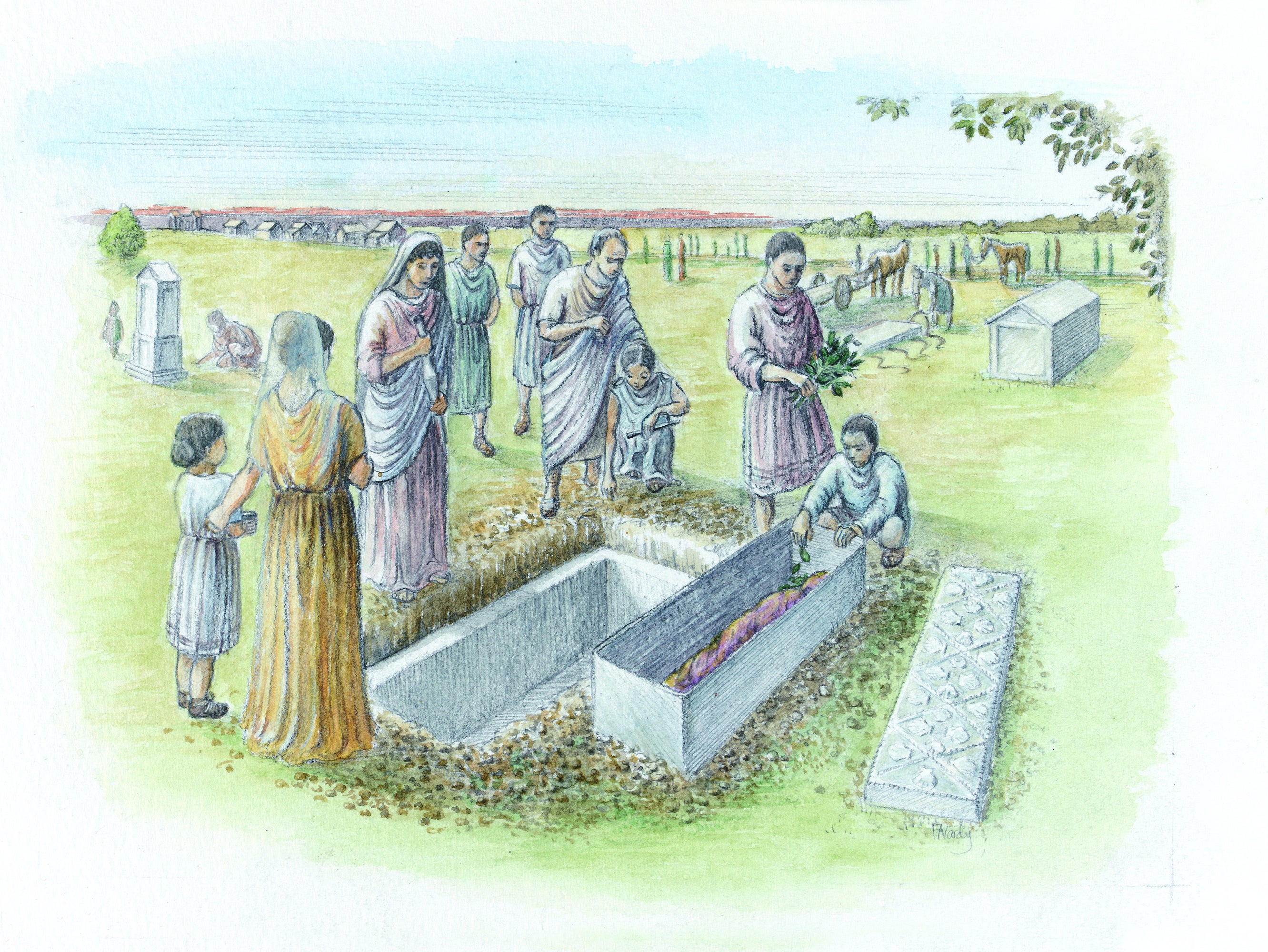 An artist's reconstruction of the burial of the Spitalfields Roman woman