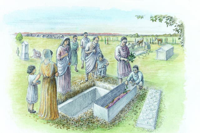 An artist's reconstruction of the burial of the Spitalfields Roman woman