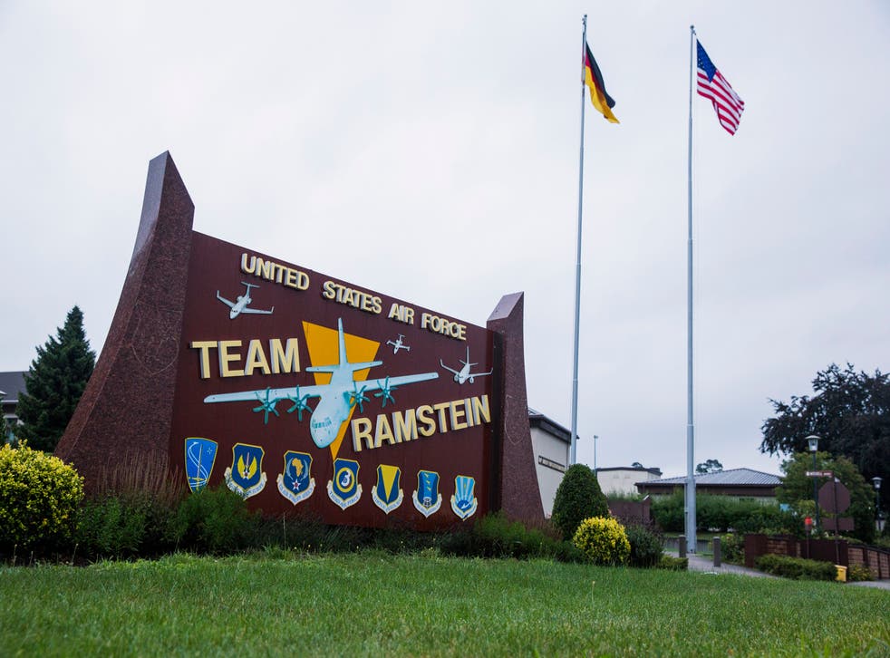 In this 30 July 2014 file photo US and German flags fly outside the Ramstein Air Base, Germany