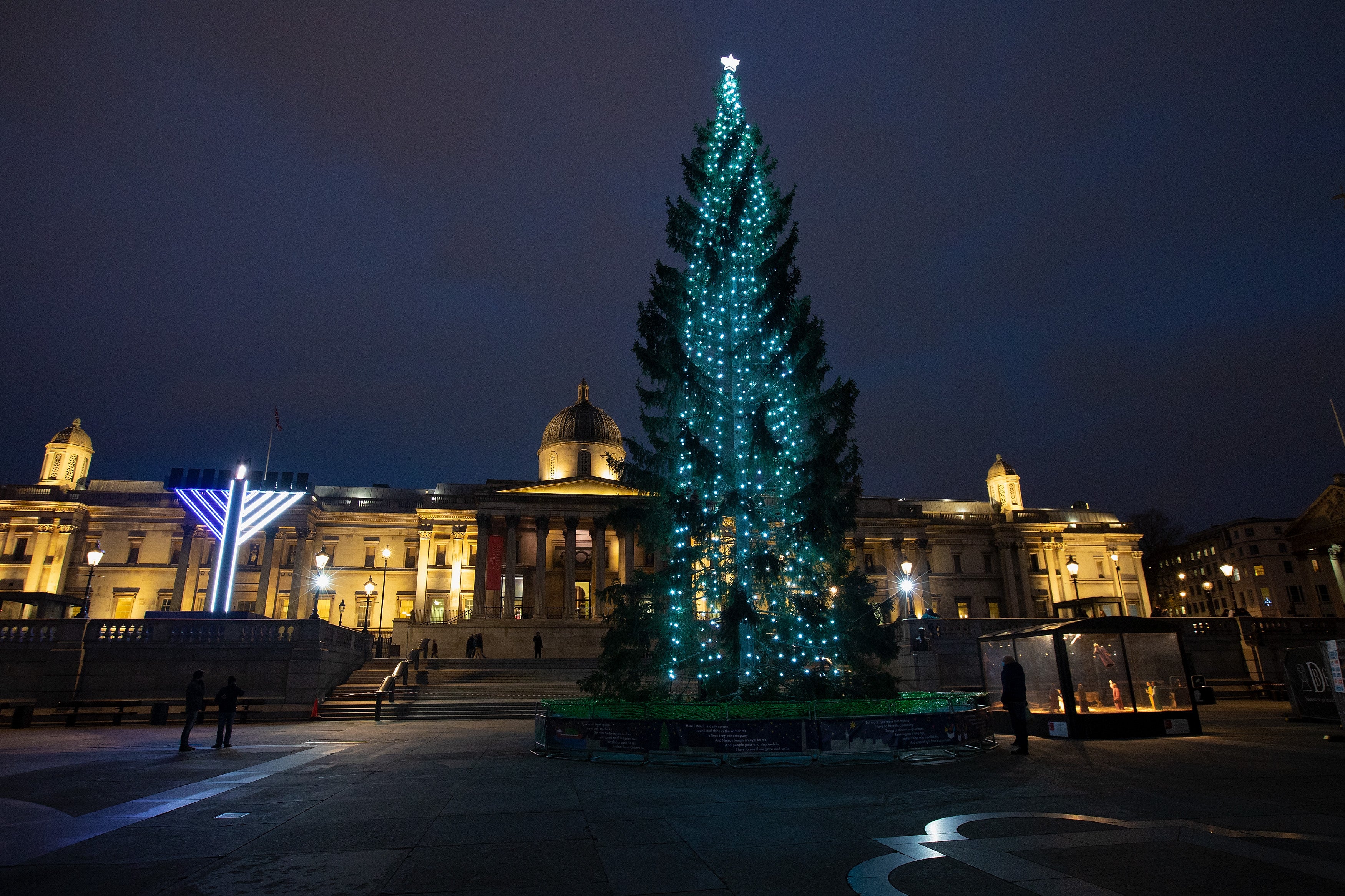 A festive view of the National Gallery in Trafalgar Square, London