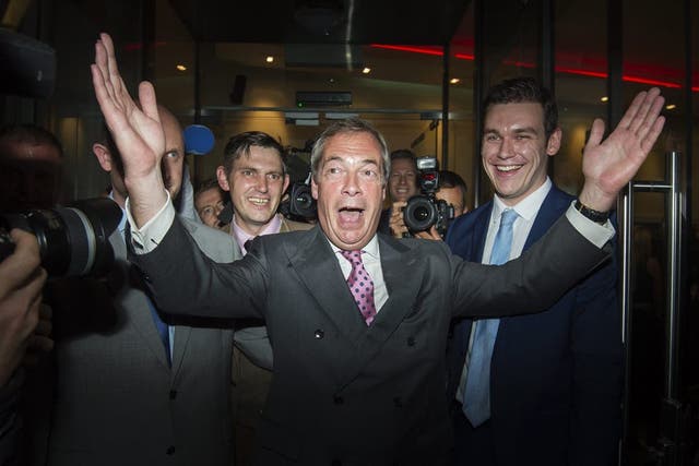 <p>Nigel Farage celebrates the referendum result on 23 June 2016</p>