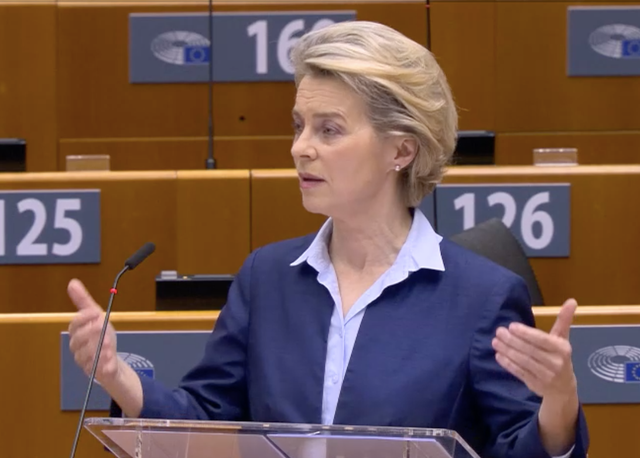 <p>Ursula von der Leyen speaking in the European Parliament on Wednesday morning</p>