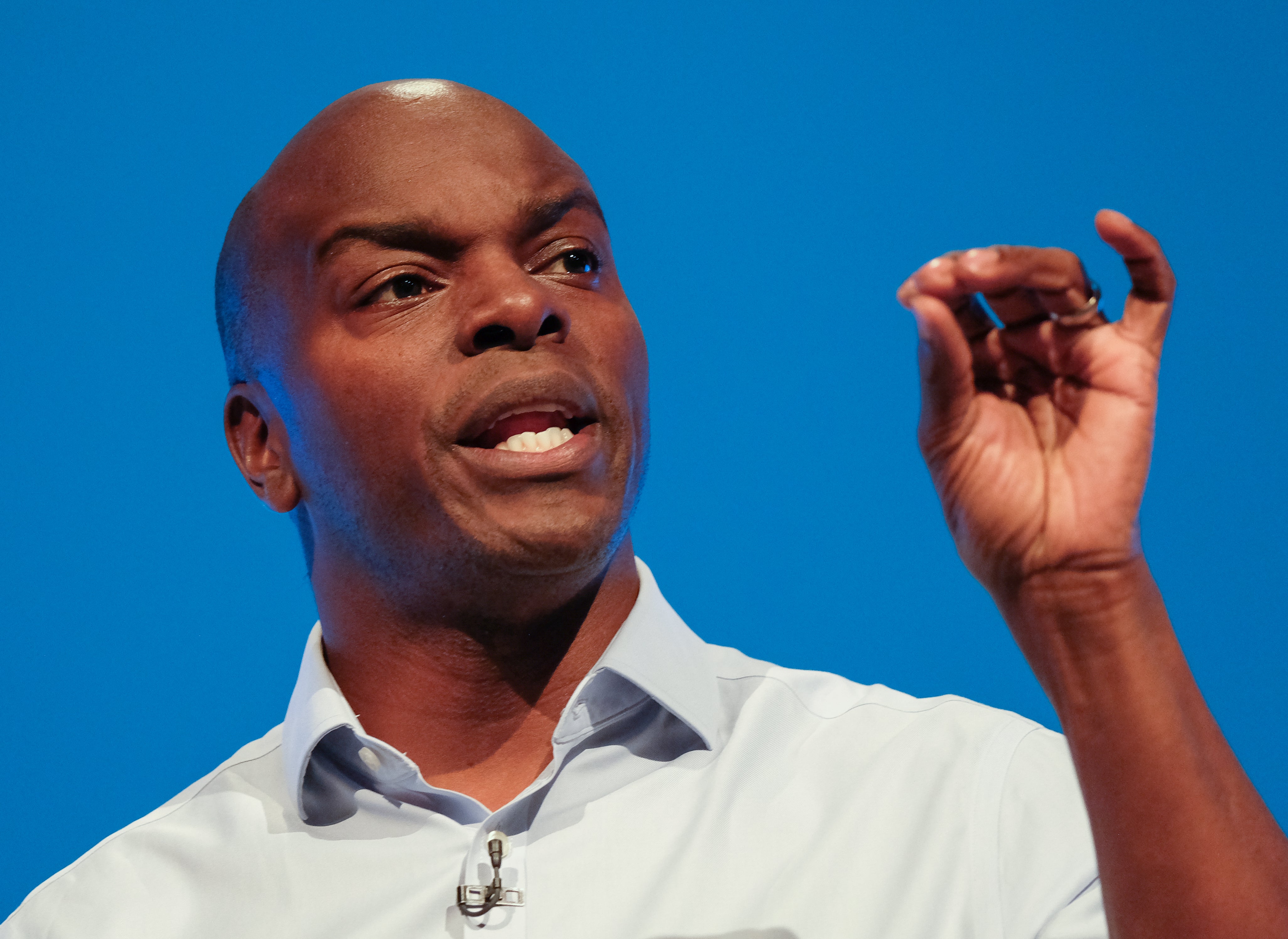 Shaun Bailey. Conservative candidate for the Mayor of London delivers a speech on the third day of the Conservative Party Conference at Manchester Central at Manchester Central on October 01, 2019 in Manchester, England. Mr Bailey has come under fire over a new flyer campaign.