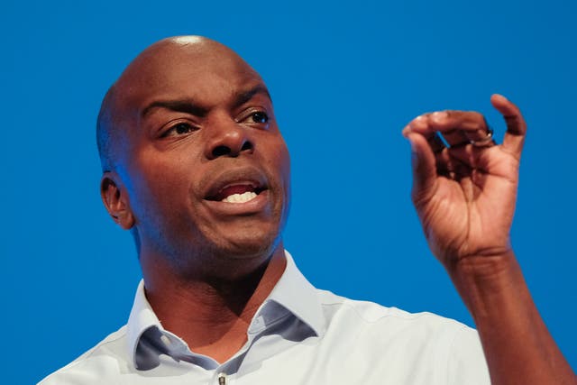  Shaun Bailey. Conservative candidate for the Mayor of London delivers a speech on the third day of the Conservative Party Conference at Manchester Central at Manchester Central on October 01, 2019 in Manchester, England. Mr Bailey has come under fire over a new flyer campaign.