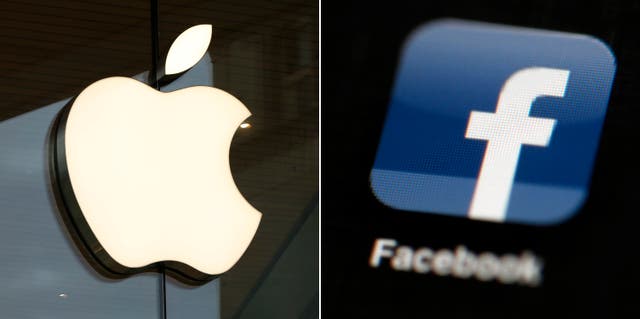 <p>El logo de Apple y el logo de Facebook.&nbsp;</p>
