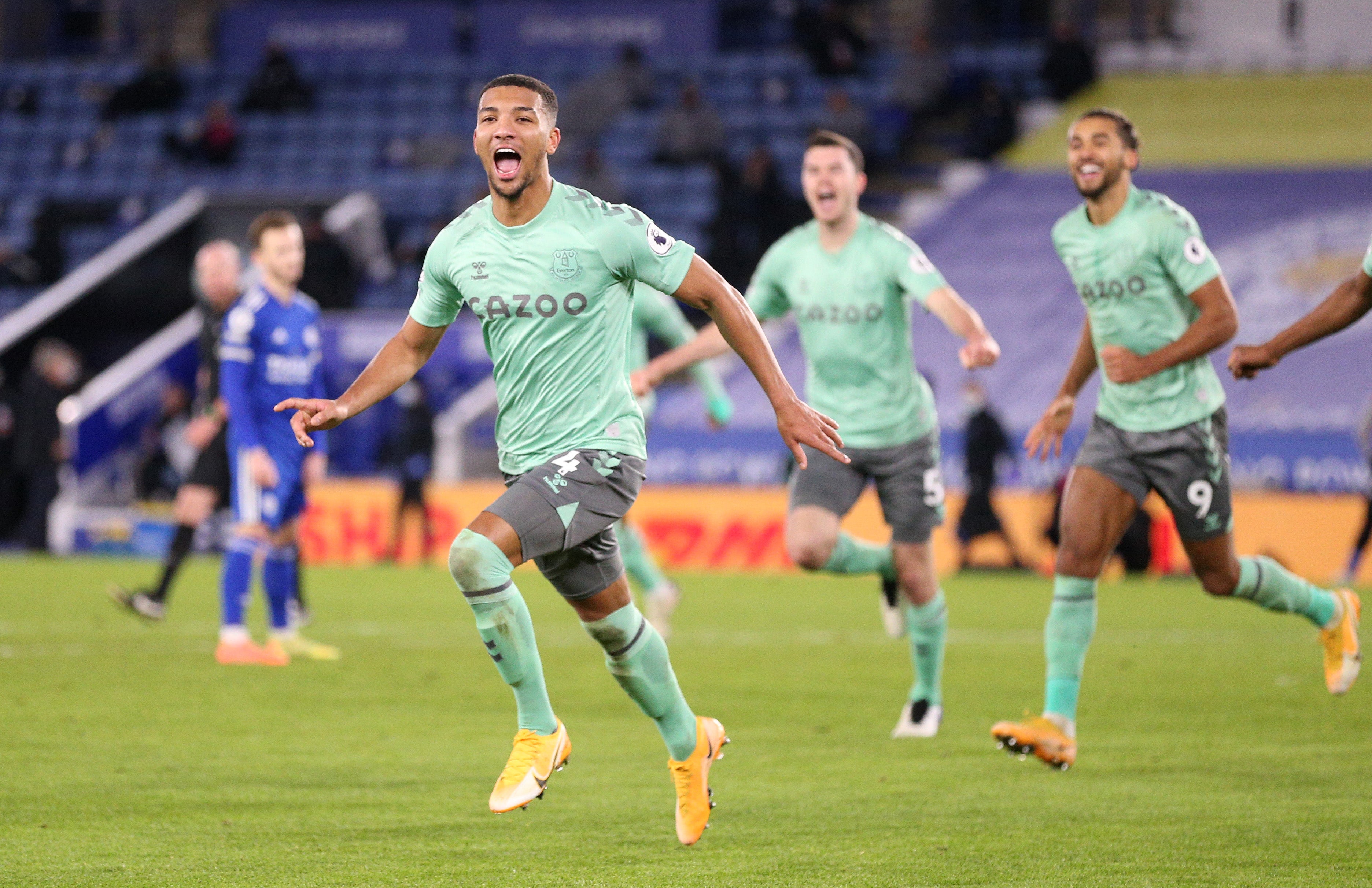 Mason Holgate celebrates scoring for Everton
