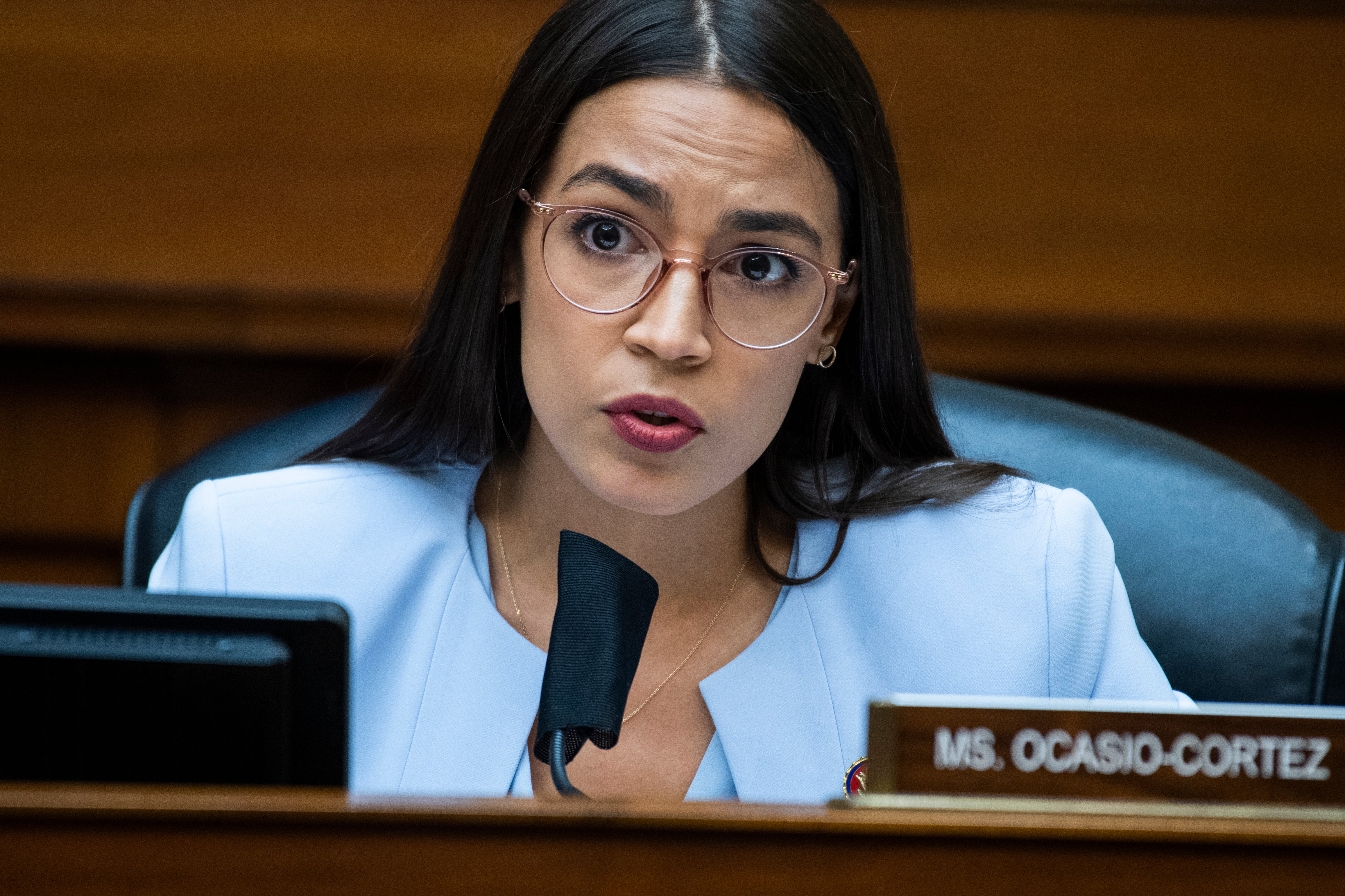 Alexandria Ocasio-Cortez (D-NY) questions Postmaster General Louis DeJoy during a hearing before the House Oversight and Reform Committee on August 24, 2020 in Washington, DC.
