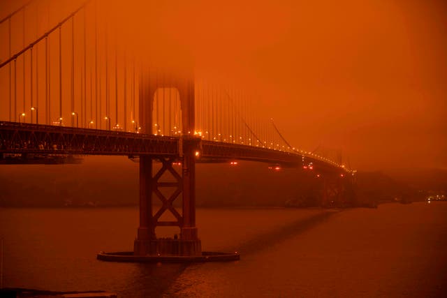 <p>A smoke-filled sky at midday over the Golden Gate Bridge in San Francisco on 9 September.</p>