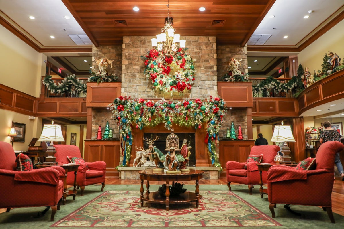 The Inn at Christmas Place’s festive lobby