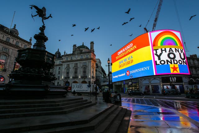 <p>The Evening Standard and Independent say thank you to Londoners on the advertising screens at Piccadilly Circus</p>
