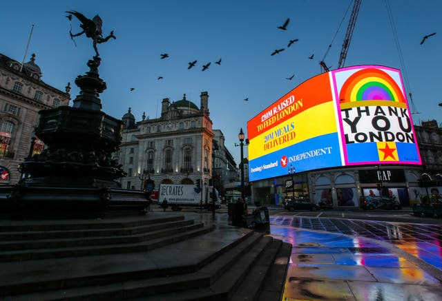 <p>The Evening Standard and Independent say thank you to Londoners on the advertising screens at Piccadilly Circus</p>