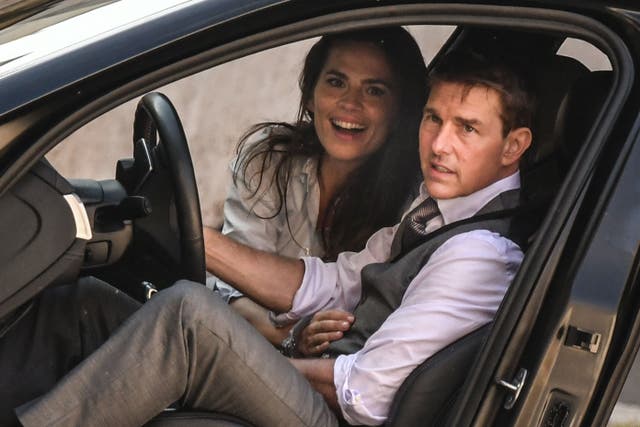 <p>Tom Cruise with co-star Hayley Atwell on the set of ‘Mission: Impossible 7’</p>