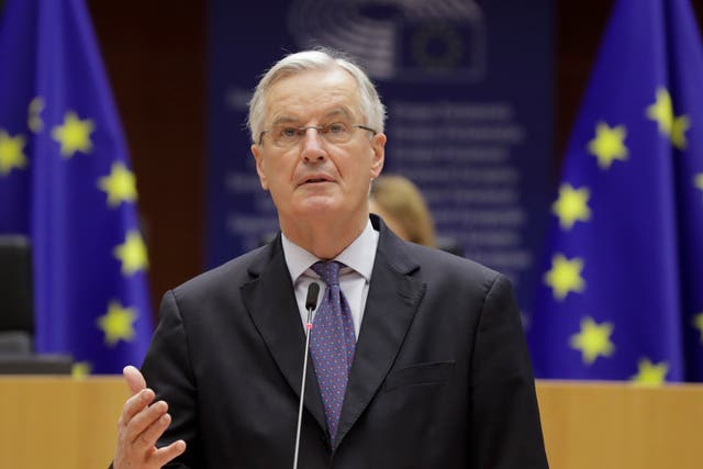 <p>Michel Barnier addresses European lawmakers at the European parliament in Brussels, 18 December 2020</p>