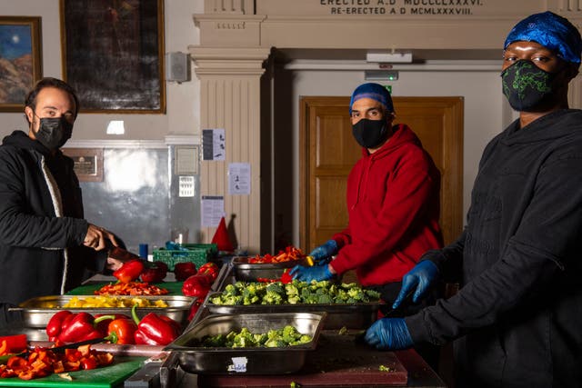 <p>Evgeny Lebedev, Craig David and KSI prepare meals at Scottish House, Westminster</p>