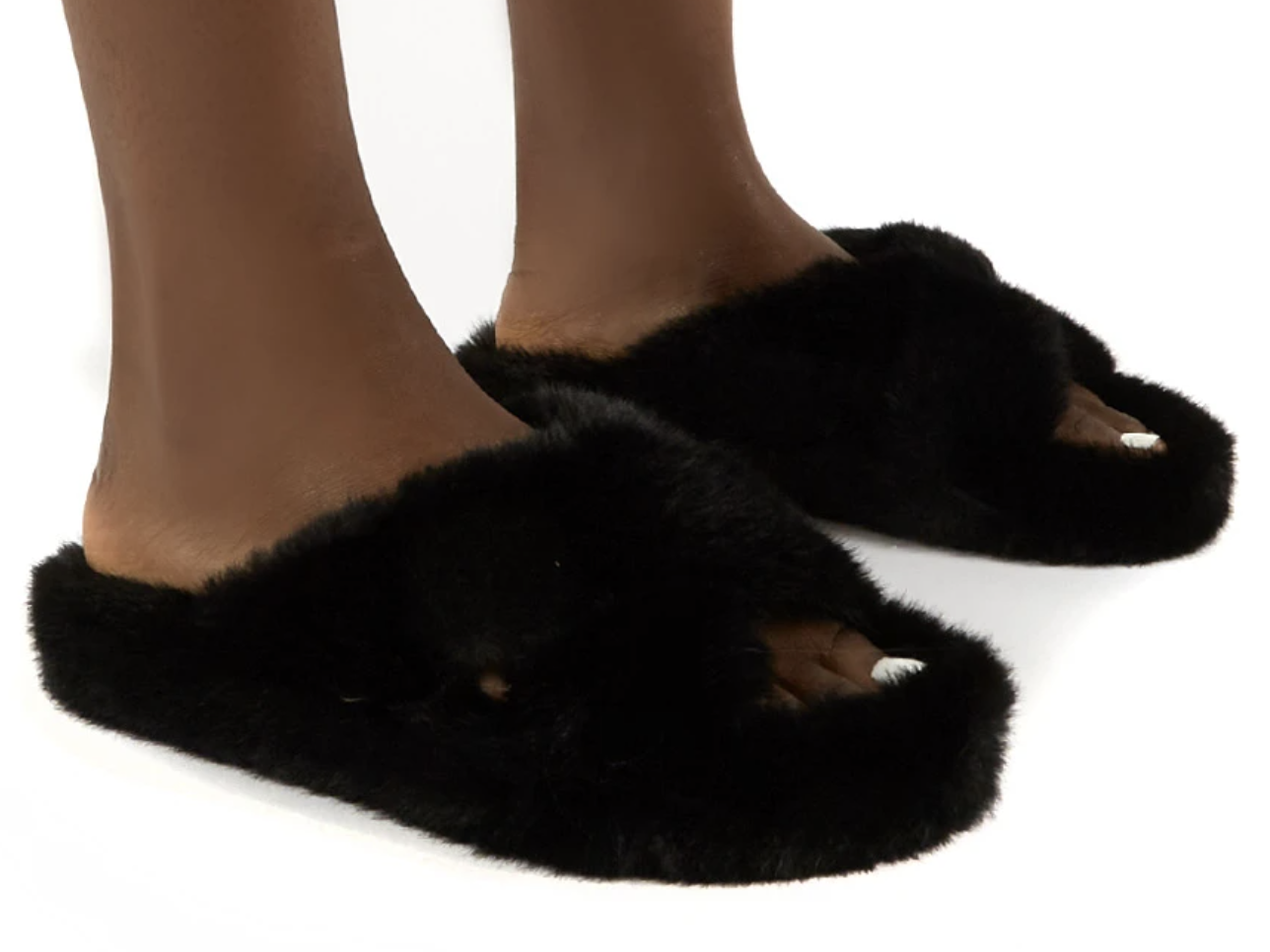 black fluffy slippers uk