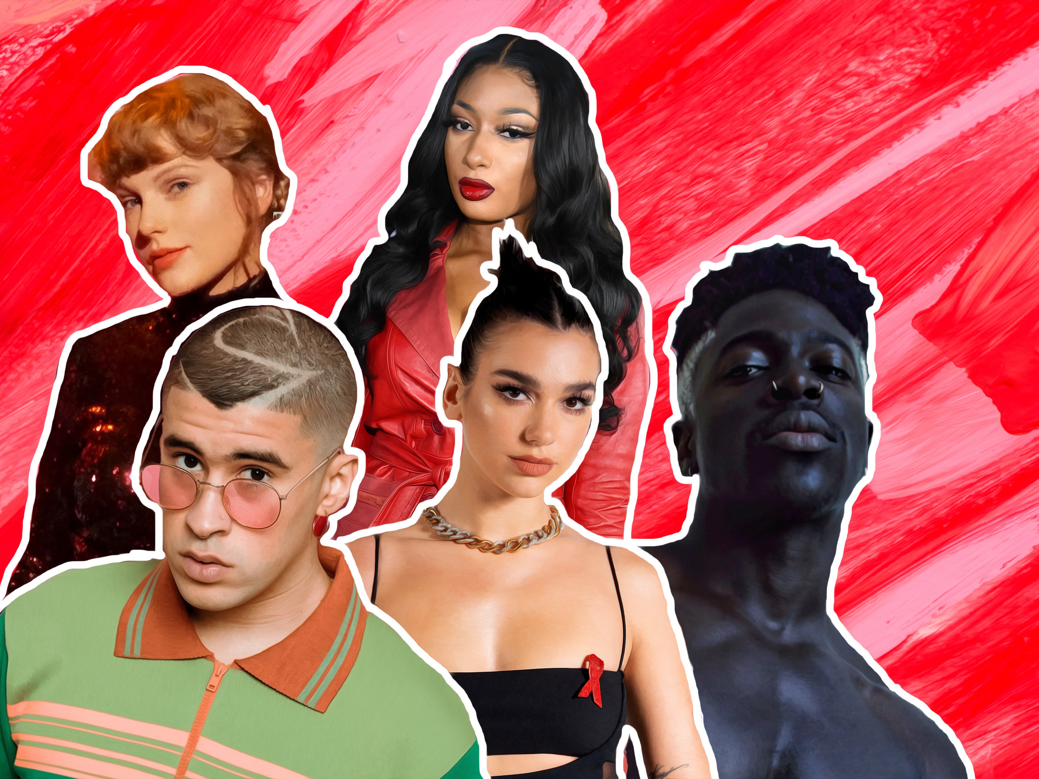 Twenty Twenty visionaries: (clockwise, from top left) Taylor Swift, &nbsp;Megan Thee Stallion, Moses Sumney, Dua Lipa, and Bad Bunny