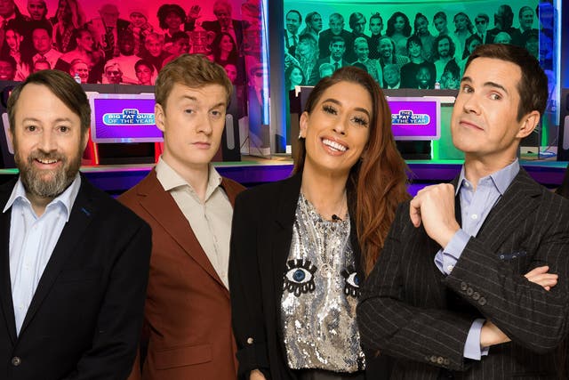 David Mitchell, James Acaster, Stacey Solomon and Jimmy Carr in The Big Fat Quiz of the Year