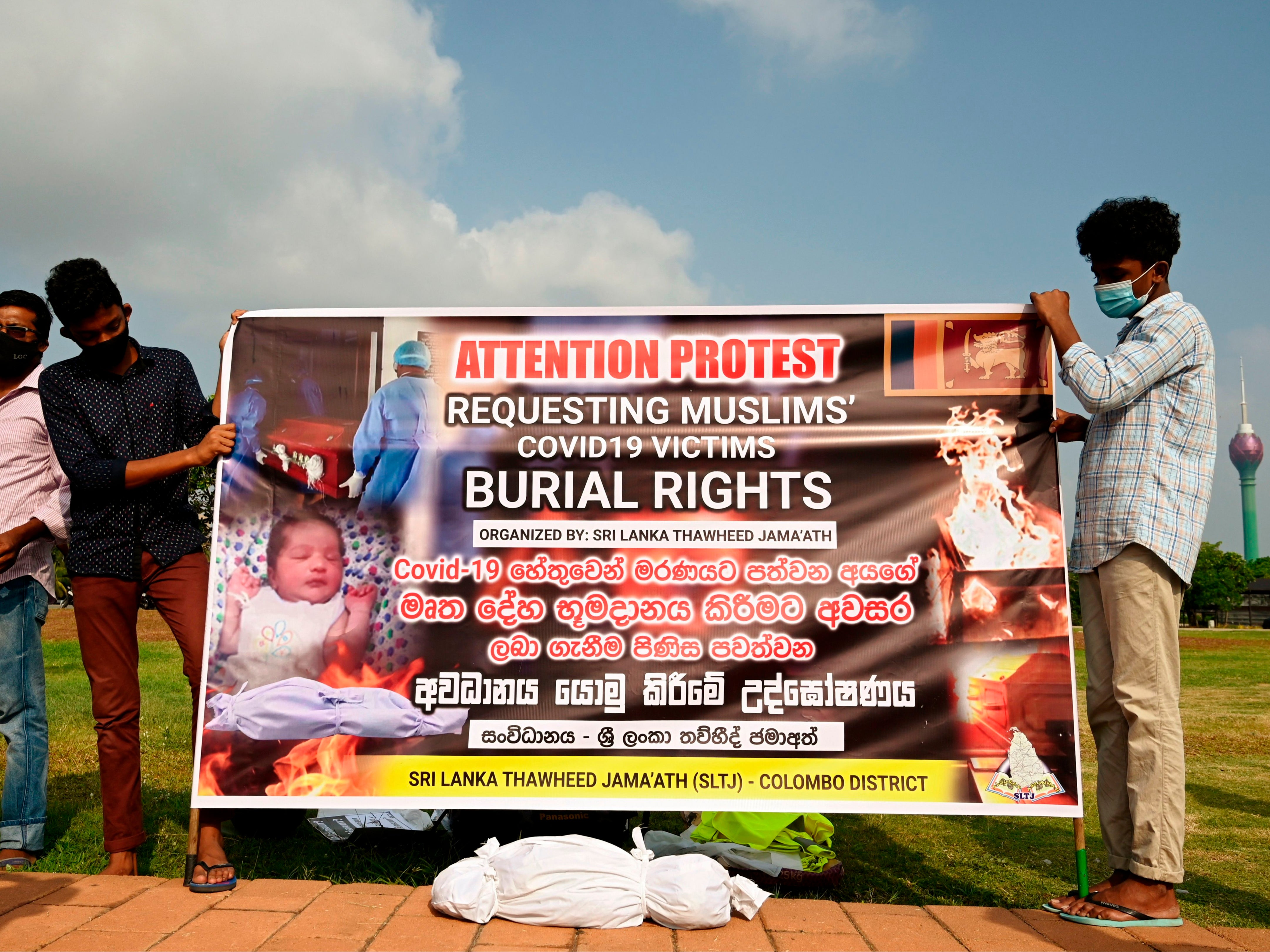 Muslims in Sri Lanka during a protest against the government’s policy of cremating all Covid victims’ bodies