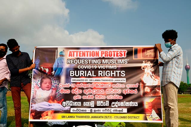 Muslims in Sri Lanka during a protest against the government’s policy of cremating all Covid victims’ bodies